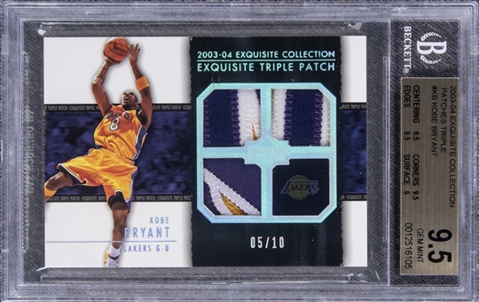 2003-04 UD "Exquisite Collection" Patches Triple #KB Kobe Bryant Game Used Patch Card (#05/10) – BGS GEM MINT 9.5